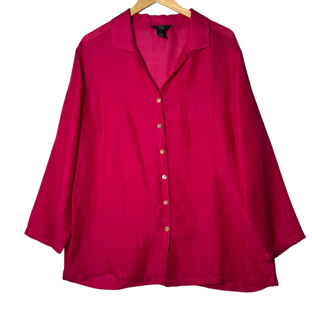 iOS Womens Size Large Fuchsia Linen Silk Blend‎ Button Up Oversized Coastal